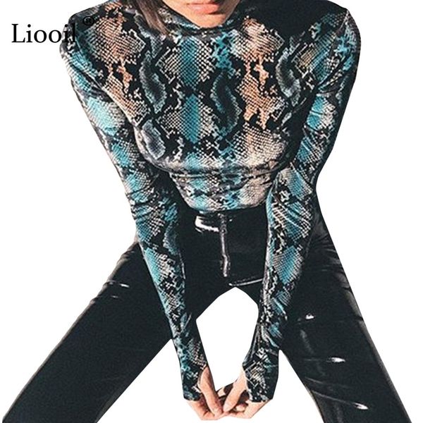 

liooil snake print women shirts long sleeve turtleneck snake skin shirt bodycon blouse party womens and blouses, White