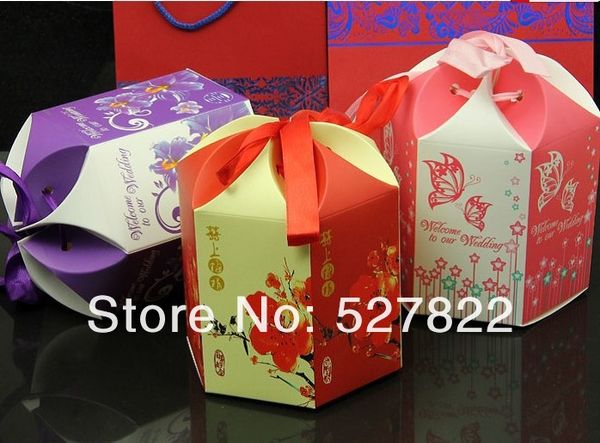 

100pcs romantic hexagon wedding favors candy box with ribbon gift box chocolate event & party supplies