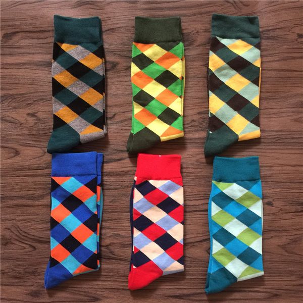 

rhomboid lattice vintage harajuku contrast color men happy socks fashion funny hip hop street casual cotton socks autumn winter, Black