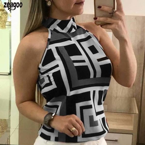 

women fashion halter neck sleeveless geometric print tank casual summer, White