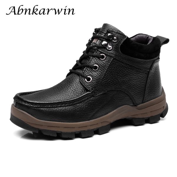 

mens winter leather boots for men shoes ankle botas hombre invierno botines lace up men's boot high bottes homme cuir plush fur, Black