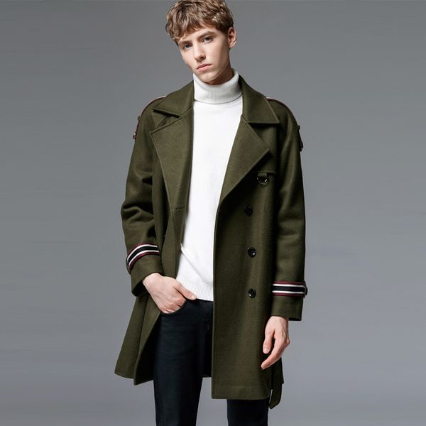

luxury wool double breasted thick mens jackets and coats autumn winter army green long style man trench, Black