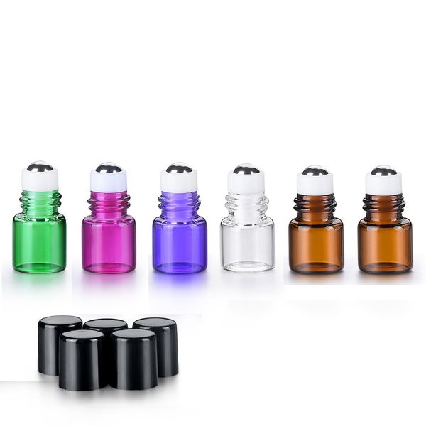 Bottiglie roll-on in vetro colorato Micro Mini da 1 ml con sfere a rulli in acciaio inossidabile Contenitore per fiale di olio essenziale con rullo di prova campione fai da te da 1/4 Dram