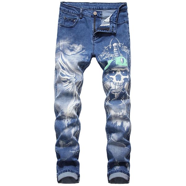 

sokotoo men's 3d skull printed jeans plus big size slim straight wings painted blue stretch pants