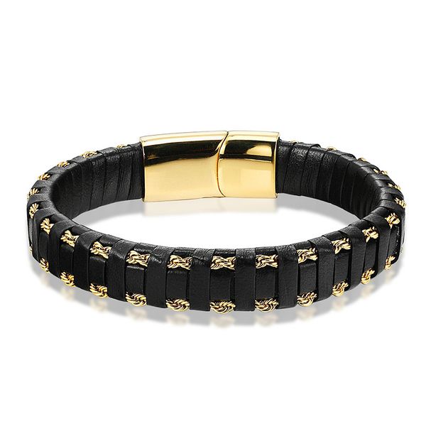 

2019 new fashion braided genuine leather bracelet men chain stainless steel bracelets male magnetic clasp jewelry gifts pulseras, Golden;silver