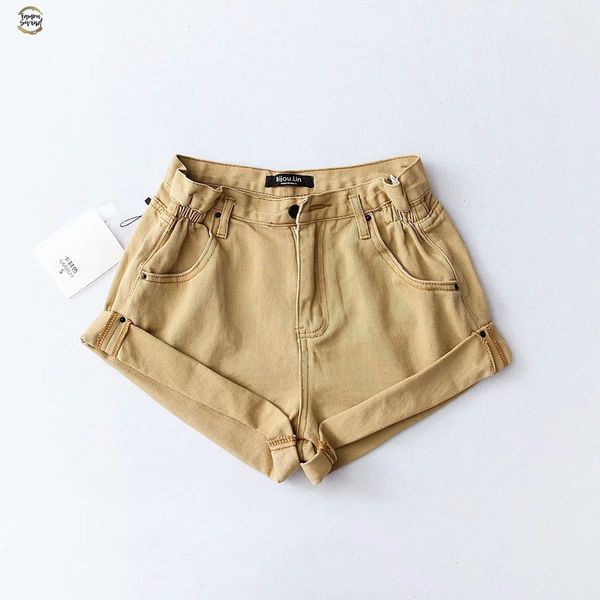 

black vintage khaki cotton denim shorts women elastic high waist shorts summer casual slim jean shorts clothing 2019, White;black