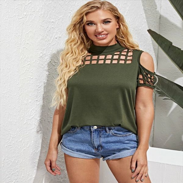 

2020 edition solid color half-high collar shoulder-exposed stitched back split t-shirt t-shirt female, White