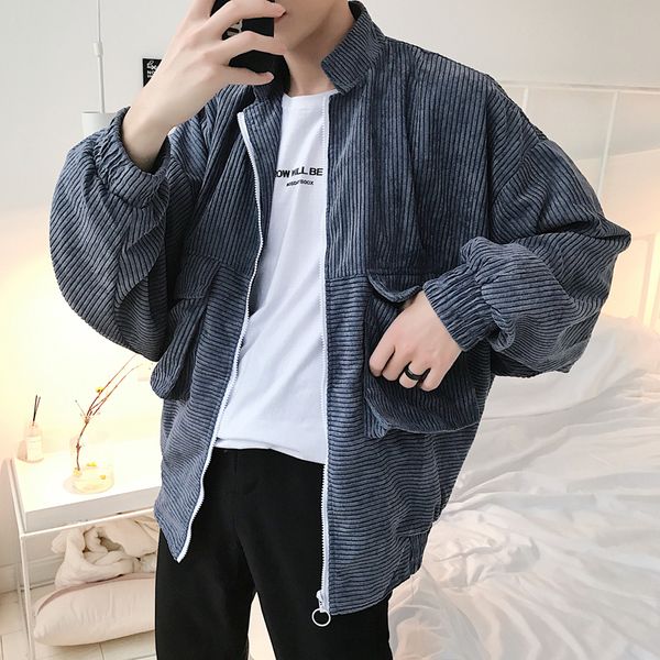 

2018 men's fashion corduroy fabric windbreaker pocket decoration clothes loose bomber streetwear jacket casual coat m-xl, Black;brown