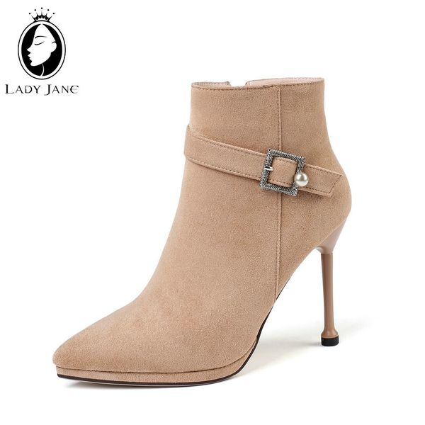 

lady jane flock warm ladies winter shoes 2019 pearl decoration elegant high heel ankle boots thin heels dress shoes, Black