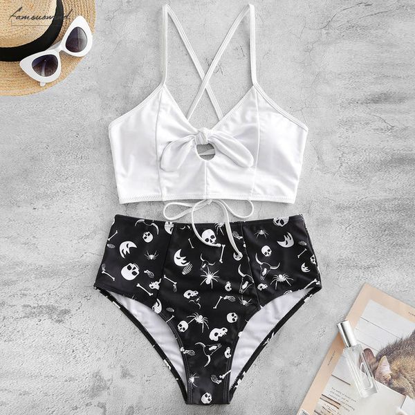 

swimwear women skull print split high waist bikini twist knoted bikinis up swimsuit cross bandage lady bathing suit biquini, White;black