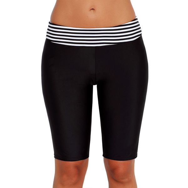 

ins one-piece swimming trunks womens fifth pants high waist striped boxer black conservative mid-length swimming trunks slim-fit 410791sale, Black;white