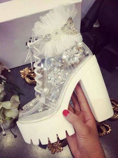 

sweety clear hollow lace chunky heel platform boots round toe ankle strap crystal embellished new arrivals air permeable shoes, Black