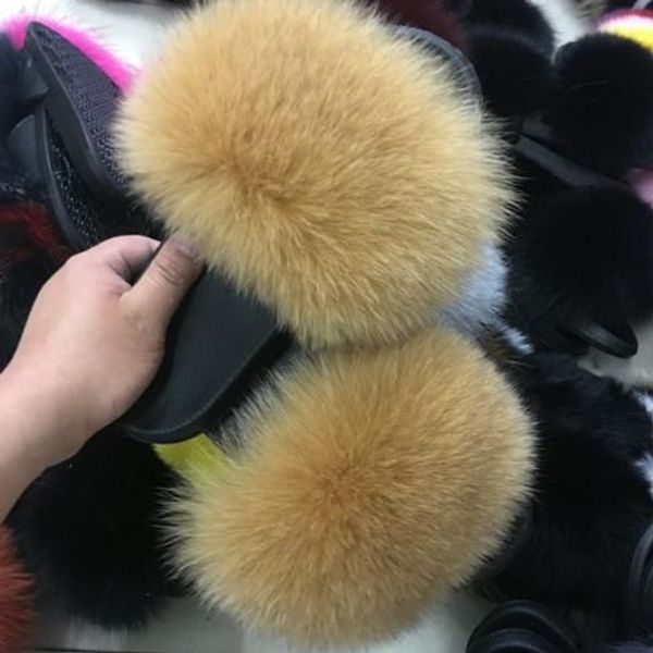 

2018 new lady real fur slippers women fashion sliders spring summer autumn fur slides indoor outdoor flat, Black