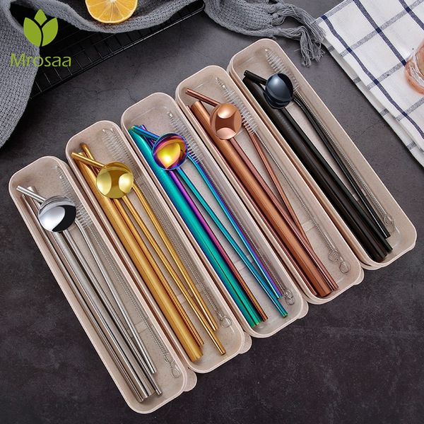 

3pcs stainless steel metal drinking straws set with carry box +2pcs cleaner brush reusable bent straight straw bar accessories