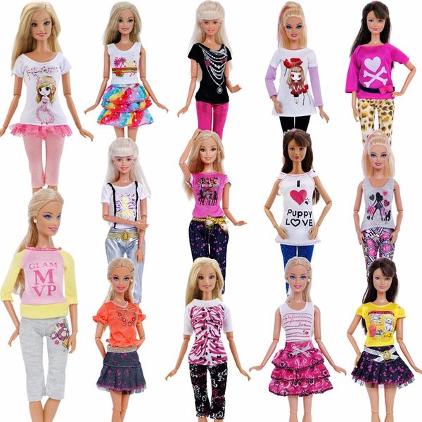 1 Stück handgemachtes Modeaccessoire Outfit kurzes Kleid Cartoon süßes Muster T-Shirt Leggings Hose Accessoires Kleidung für Barbie Puppenspielzeug