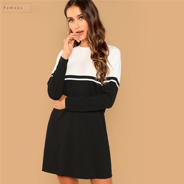 

black and elegant dresses color block round neck long sleeve natural waist dress autumn casual casual white fashion women dresses, Black;gray