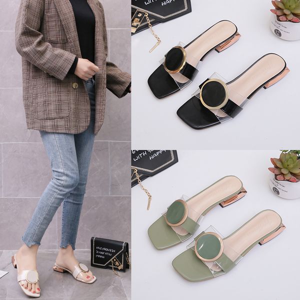 

square heel shoes slippers flat slides slipers women transparent heel low fashion block soft 2020 summer luxury hoof heels, Black