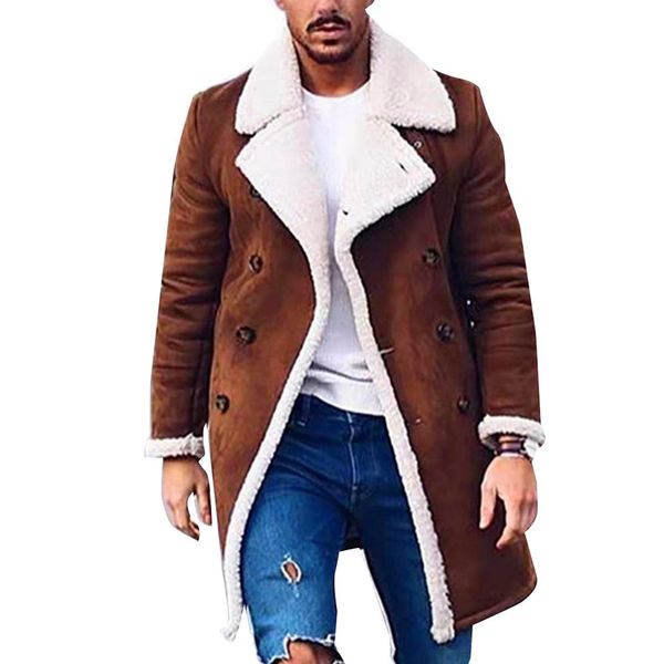 

plus size men winter lapel collar fleece lining buttons warm blazer trench coat men's solid color velvet long trench coat, Tan;black