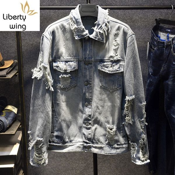 

men's jackets harajuku style ripped hole loose men denim coats fashion vintage single breasted frayed cowboy jacket washed casual outer, Black;brown
