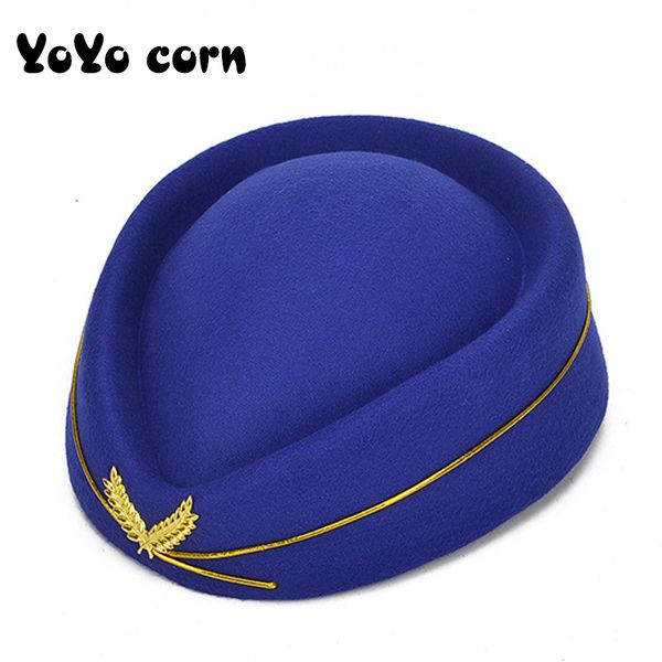 

yoyocorn stewardess hat snare drum cap band performance caps woman etiquette hat l dance woolen beret stage cap, Blue;gray