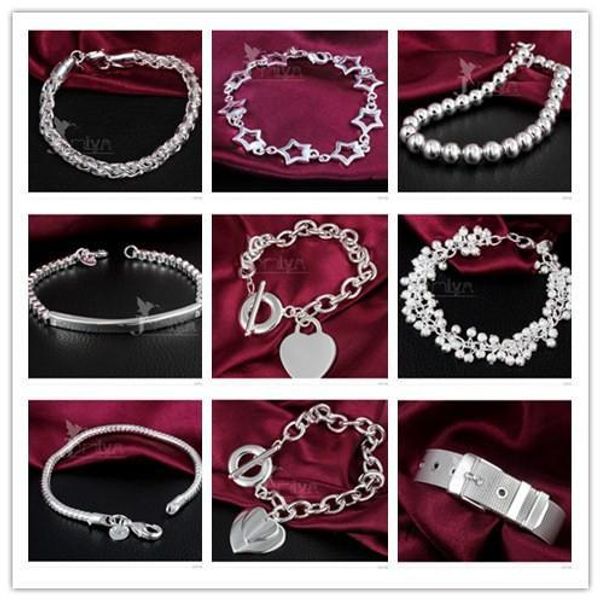 

mix 9 desgin 18pcs lot 925 heart silver bracelet beads and star for women and girls hy1357, Black