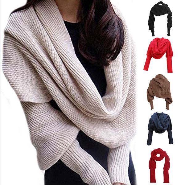 

fashion knitted scarf with sleeves long wraps shawls for winter autumn lf88, Blue;gray
