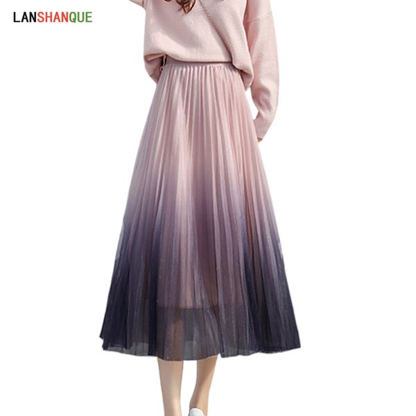 

gradient color skirt female 2019 long pleated skirt women summer lace mesh princess fairy skirt, Black