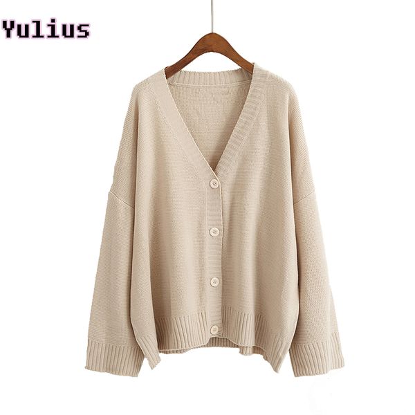 

autumn women sweater solid apricot casual knitted cardigan v-neck long sleeve button loose cardigans, White