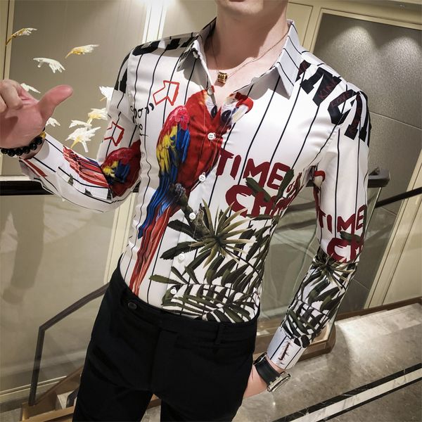 

men's casual shirts spring mens pattern printing shirt baroque slim fit party club men camisa homem male long sleeve autumn clothes, White;black