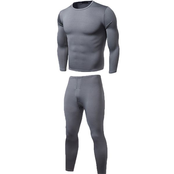 

2018 new style fashion men's solid thermal underwear long sleeve 2 pieces o neck long pants set, Gray