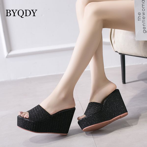 

byqdy new sequined wedge heels sandals woman shoes muffin thick-soled sandals high-heeled casual non-slip black shoes summer
