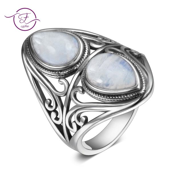 

charms 6x9mm natural rainbow moonstone rings women's 925 sterling silver jewelry ring vintage anniversary party gifts for women, Golden;silver