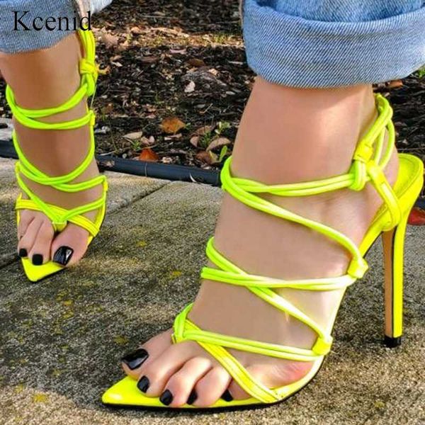 

kcenid 2020 summer sandals women thin high heels sharp pointed toe ladies sandals green cross-strap stilettos party shoes woman, Black