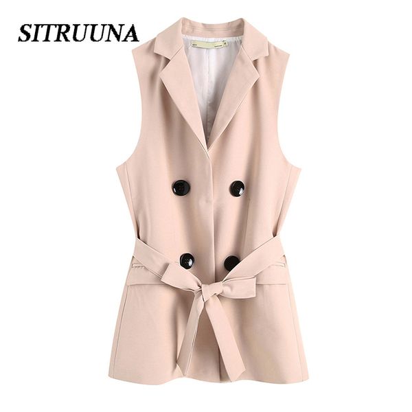 

stiruuna vintage double breasted with belt waistcoat women 2019 sleeveless office lady vest coat casual jacket outerwear, Black;white