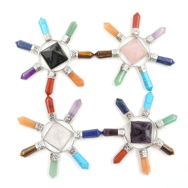 

wholesale 5 pcs silver plated square pyramid with 7 colors hexagon column energy transmitter pendant healing chakra stone jewelry