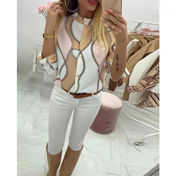 

slim casual famale clothes spring designer womens new chain print shirt stand collar long sleeve fashion, White