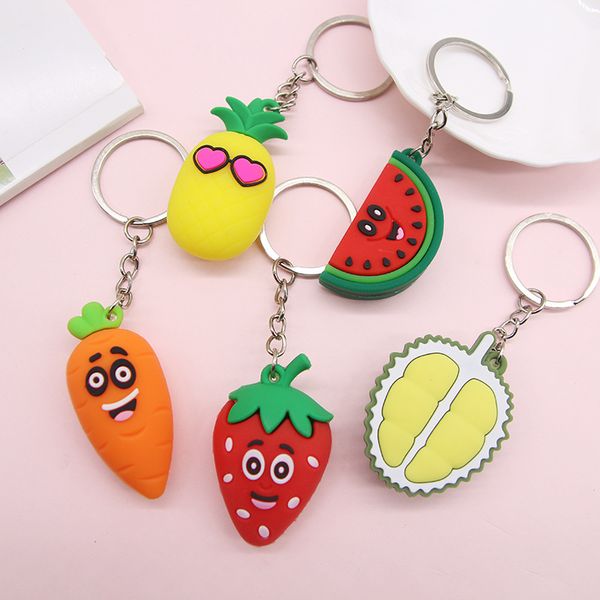 

simulation vegetables fruits pineapple durian strawberry carrot watermelon key chain ring pendant small gift, Silver