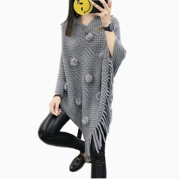 

fashion spring autumn women gray sweater lady hairball tassels poncho long knitted pullovers knitted cape coat ponchos and capes, White