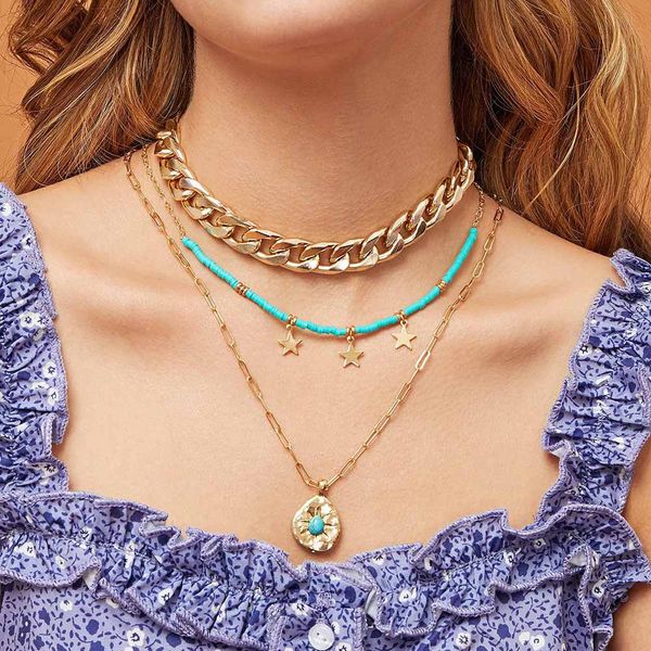 kadın için popüler moda lüks tasarımcı Çok katmanlı metal zincir Turkuaz sevimli yıldızı dairesel kolye gerdanlık deyimi kolye