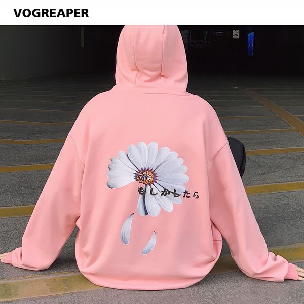 

japanese floral printed hooded hoodies spring autumn hip hop cotton pink black loose sweatshirts streetwear