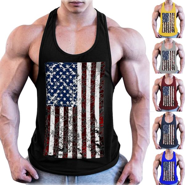 

mens blouse men' summer fashion flag printing elastic sleeveless fitness vest blouse, White;black