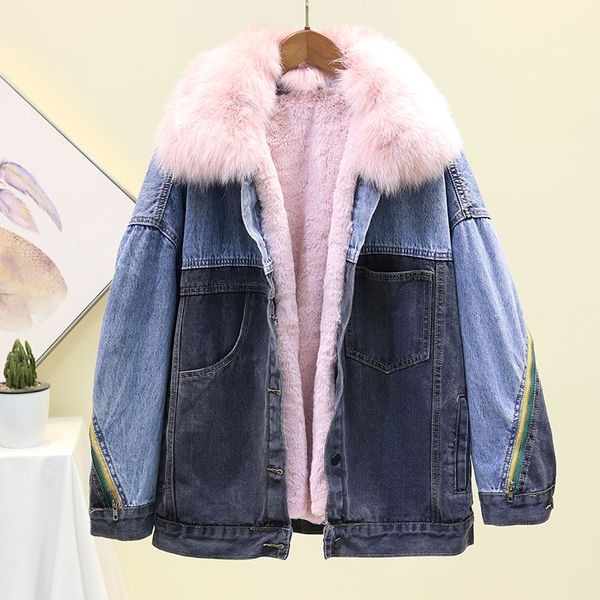 

large fur collar thick lamb plush outerwear women parkas winter women cotton coat 2019 new denim coat ko395, Black