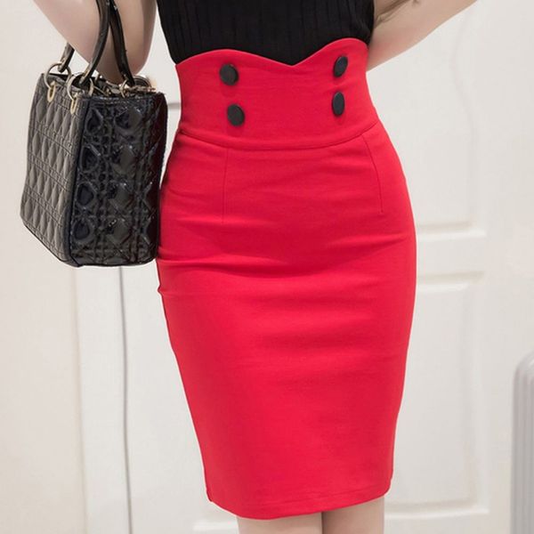 

high waist elastic women skirts elegant slim solid color black red double button ol back slit pencil skirts for women