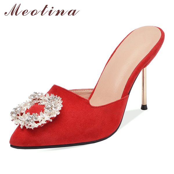 

meotina high heels women mules shoes crystal stiletto high heel party slippers pointed toe female pumps spring red big size 3 43, Black