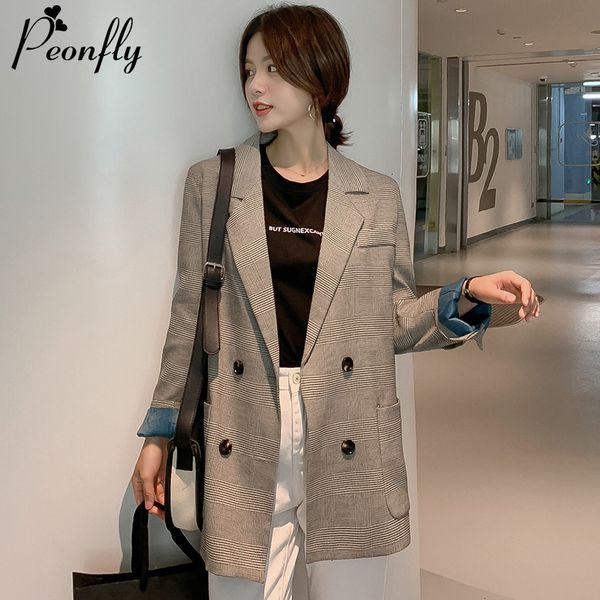 

peonfly vintage double breasted office ladies plaid blazer long sleeve loose loose suit coat jacket women blazers female 2019, White;black