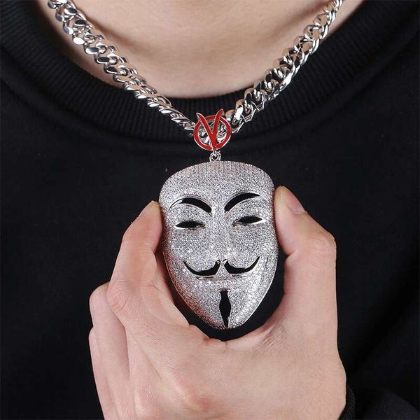 Forma-V for Vendetta mascarar pingente colares para homens mulheres diamantes de luxo mascarar pingentes de platina revestida de zircão cobre colar de corrente cubano