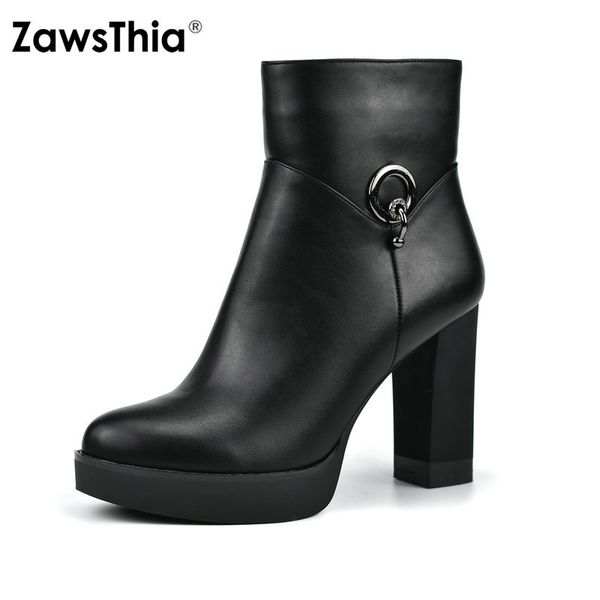 

zawsthia 2018 russia fashionable platform chunky block high heels woman shoes classic female boots winter ankle boots for women, Black