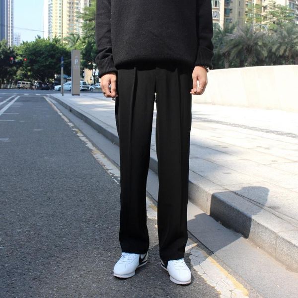 

2020 autumn korean men's black loose straight elastic waist wide leg casual trousers