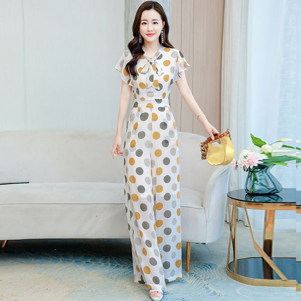 

vintage polka dot jumpsuit women short sleeve overalls summer office lady casual long jumpsuit romper, Black;white