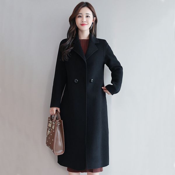 

fashion solid long wool blend coat women elegant warm turn-down collar coat women office lady autumn abrigos mujer invierno 2019, Black